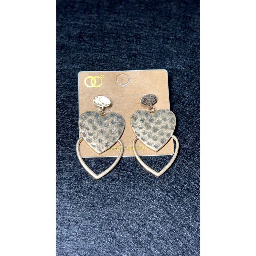 Hammered Silver Double Heart Drop Earrings Boho Statement Dangle NWT